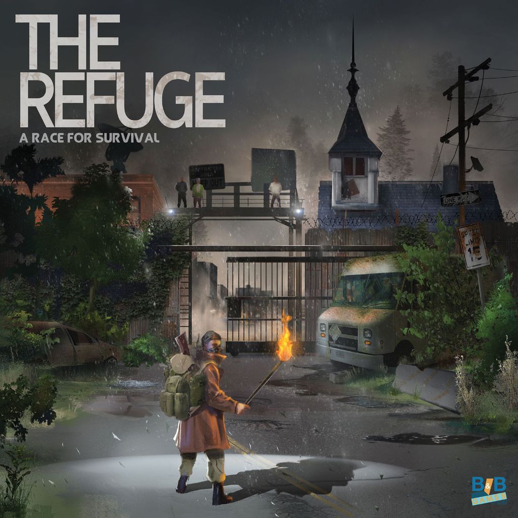 A lone figure with a backpack and torch faces a locked gate to a guarded town at night in The Refuge: A Race for Survival by B&B Games Studio, a tense post-apocalyptic board game with barbed wire and vigilant townsfolk watching above.
