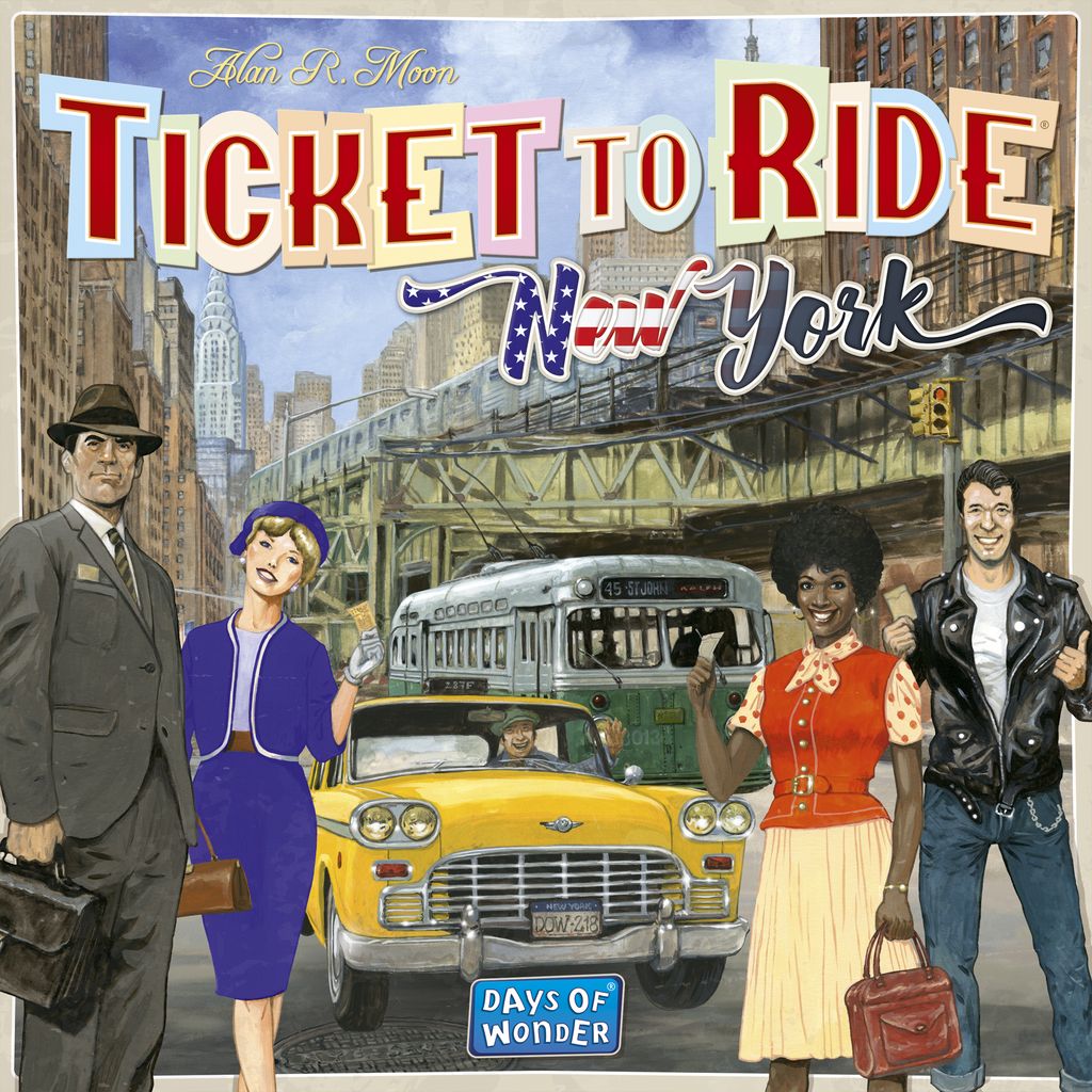 The Ticket To Ride: New York board game by Days of Wonder features four people in vintage outfits beside a yellow taxi with NYC buses and skyscrapers behind them. The bold title appears at the top, capturing Manhattan’s fast-paced energy in a fun family s
