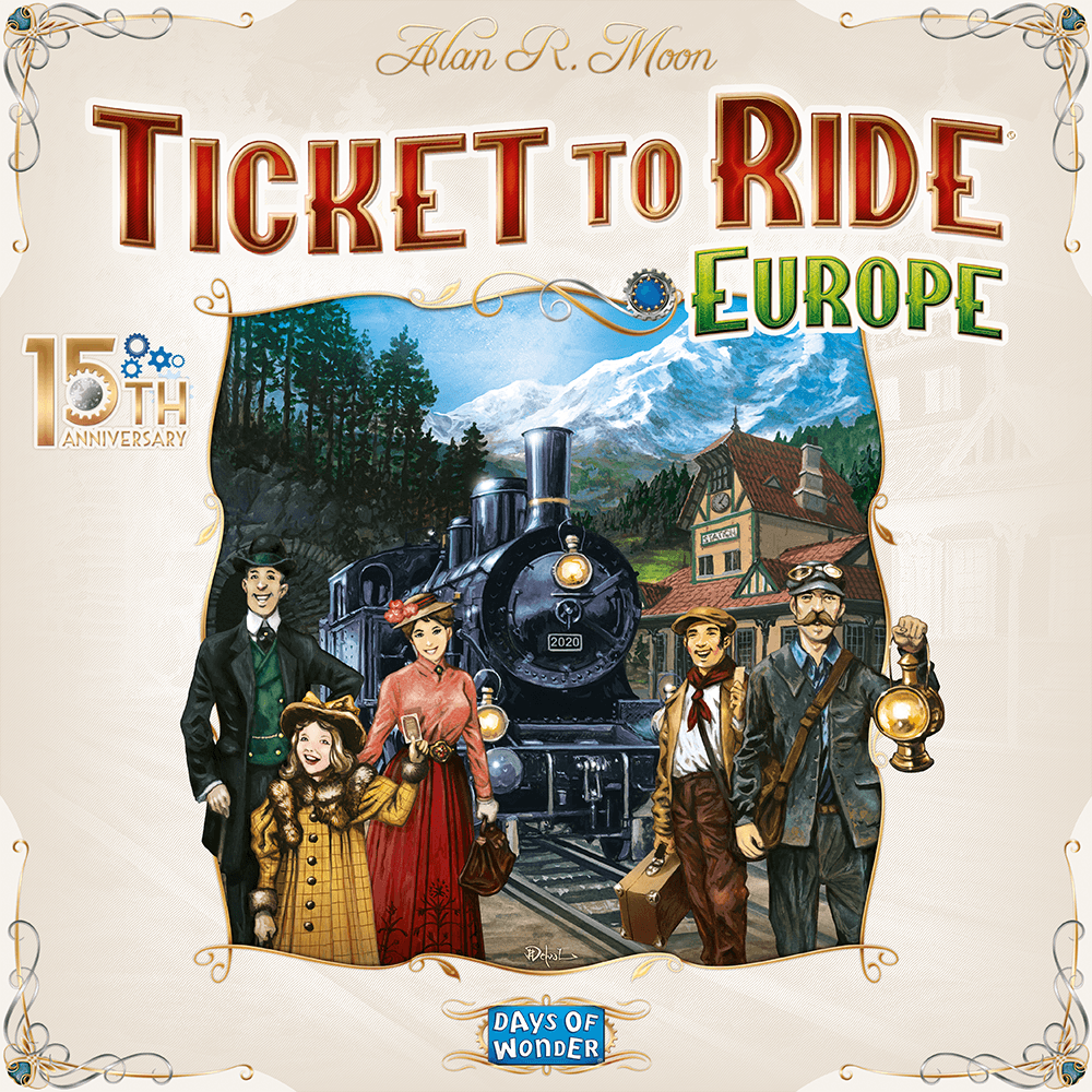 Celebrate Days of Wonder’s Ticket to Ride: Europe 15th Anniversary with this board game cover, showing five figures in vintage attire by a steam train, mountains, and station—great for board game fans or Europa 1912 expansion collectors.