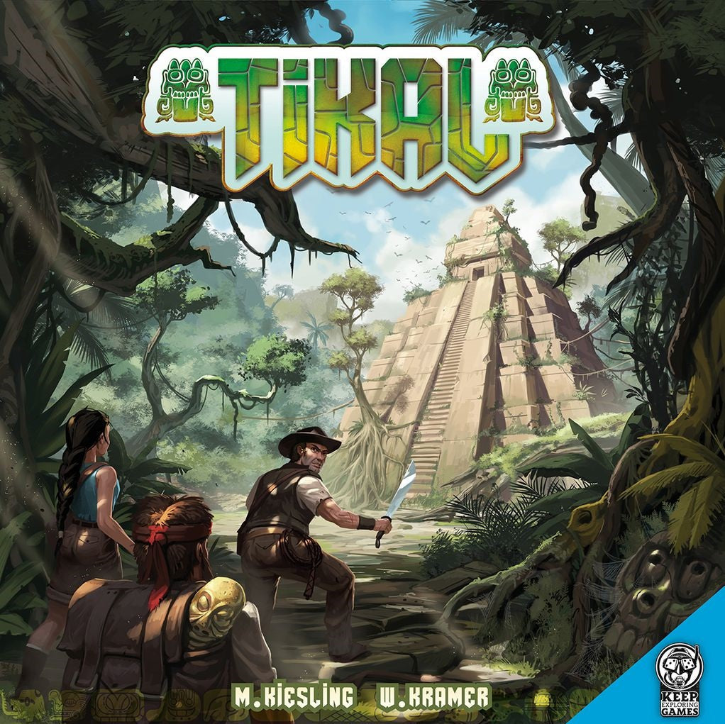 Three explorers in a dense jungle approach a large ancient Maya pyramid. "Tikal NL" appears at the top with green motifs. At the bottom are the names M. Kiesling, W. Kramer, and the Keep Exploring Games logo.