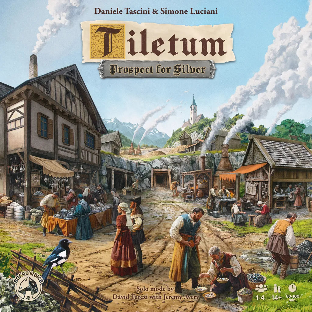 A lively medieval village with market stalls, timber houses, and a distant castle sets the scene for Tiletum: Prospect for Silver Expansion by Board & Dice, where players engage in strategic Renaissance silver mining.