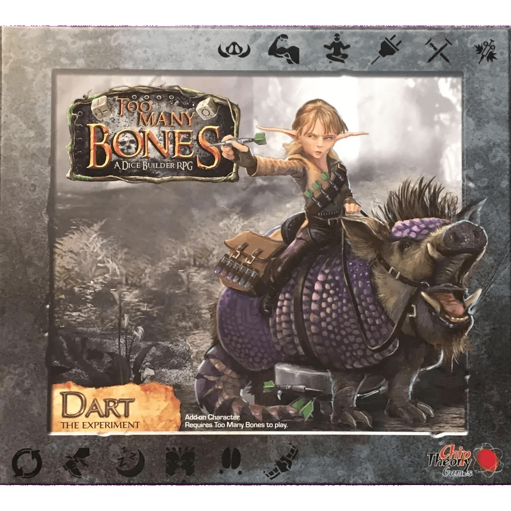 The cover of "Too Many Bones: Dart Add-on Character" by Chip Theory Games features Dart, an elf-like character riding a spiked purple beast, set in a fantasy world with game icons and title text highlighting distinctive gameplay.