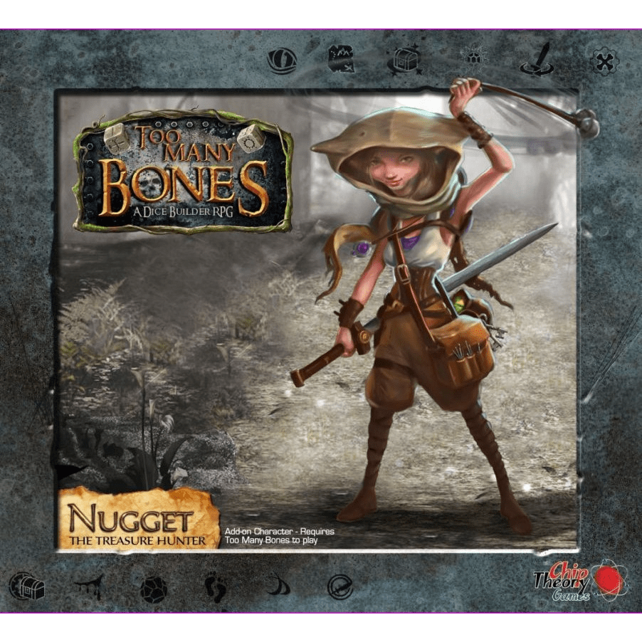 The box cover for Chip Theory Games’ Too Many Bones: Nugget Add-on Character features Gearloc hero Nugget in adventurer gear, hat, and swords before a misty forest.