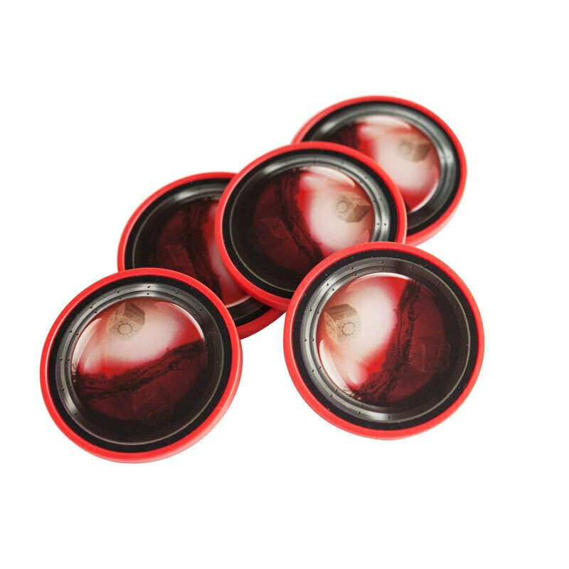 Five round, red-bordered chips from Chip Theory Games' Too Many Bones: Premium Health Chips are arranged overlapping on a white background, resembling weighted poker chips with a striking dark red and black design.