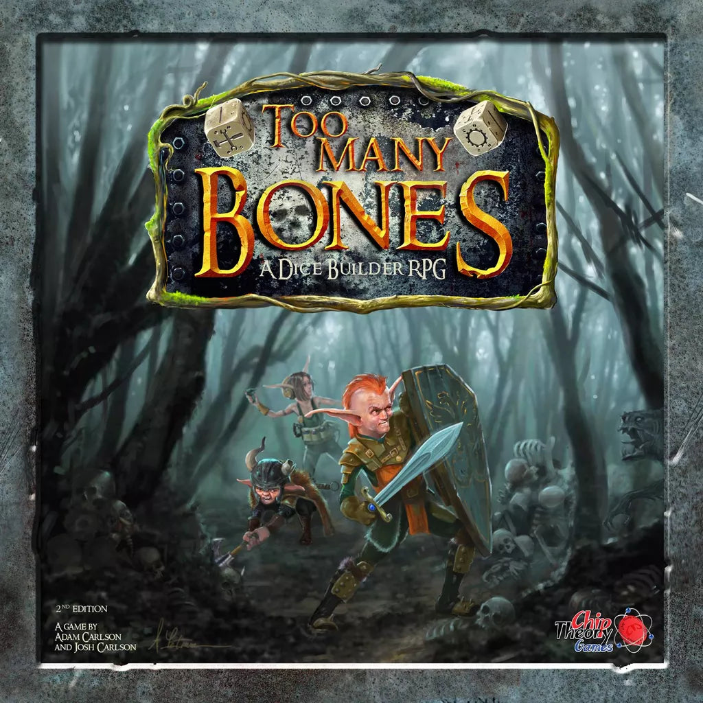 The cover art for Too Many Bones (Square Box Edition) by Chip Theory Games features two characters in a dark forest, surrounded by bones and skulls, poised for battle with the bold game title displayed above them.
