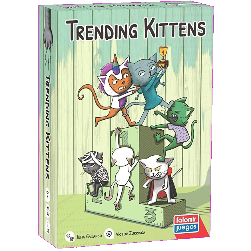 Trending Kittens by Falomir Juegos comes in a vibrant box with cartoon cats in trendy outfits on a winners podium—ideal for fans of playful board games.