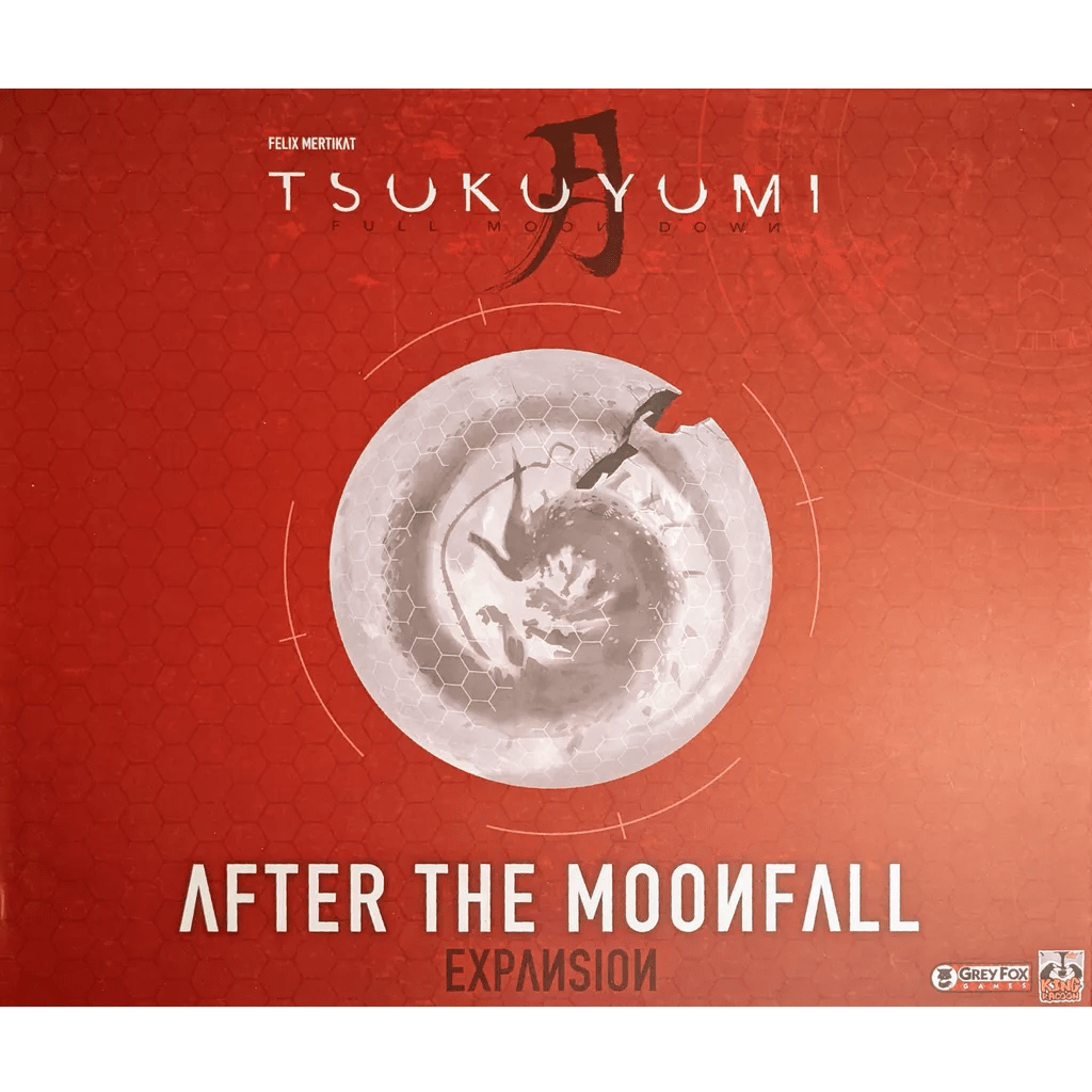 Cover for Tsukuyumi: Full Moon Down (Second Edition) – After the Moonfall Expansion by Grey Fox Games, featuring a white cracked moon on a red background with hexagon patterns and game logos.