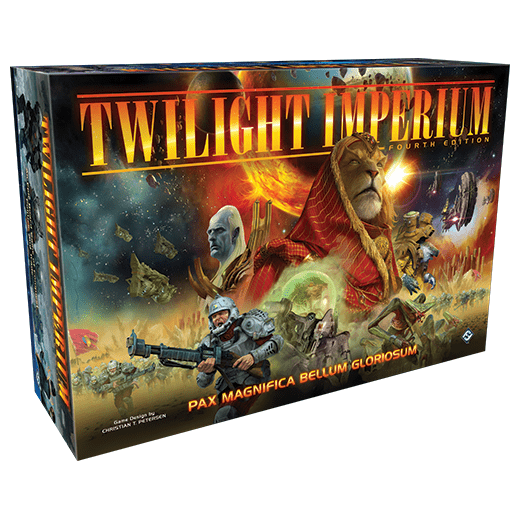 Box for Fantasy Flight Games' Twilight Imperium (Fourth Edition) displaying a dramatic sci-fi scene with spaceships, planets, explosions, and diverse alien and human characters.