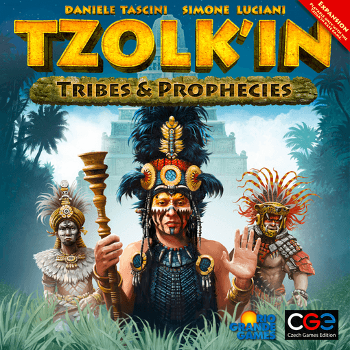 Three figures in feathered headdresses stand before a Mayan pyramid. Text reads: Tzolk'in: The Mayan Calendar Tribes & Prophecies Expansion. Czech Games Edition (CGE) logos appear in the bottom corners.