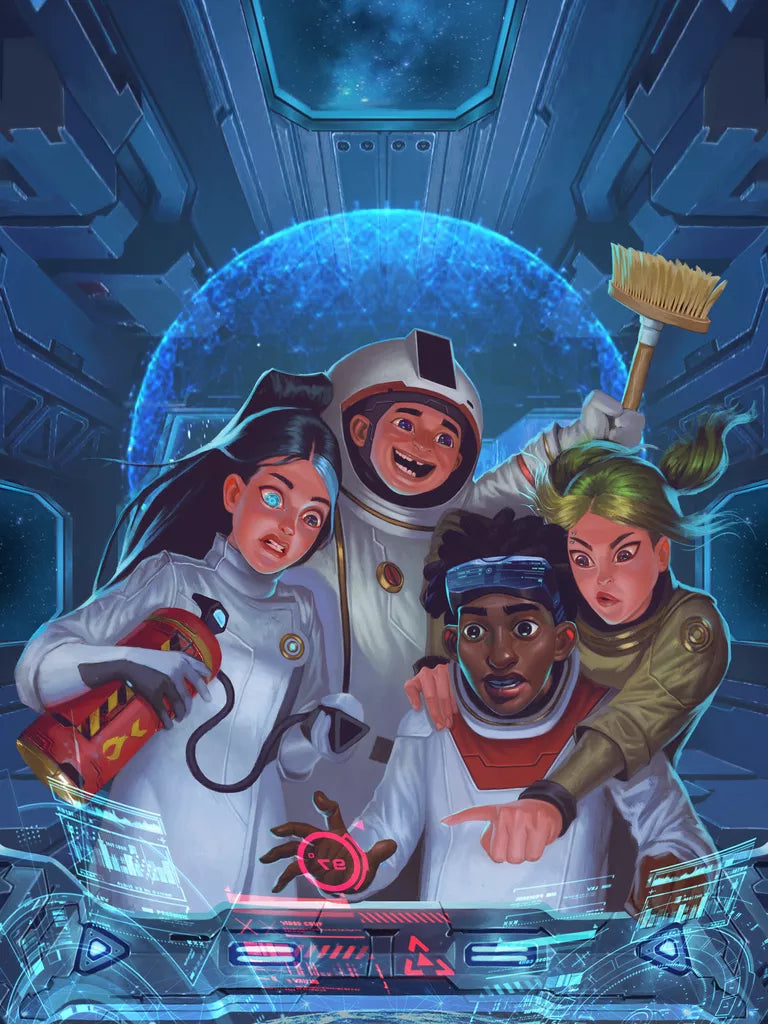 Four young astronauts aboard a futuristic ship in USC: Reach Galactic Edition by Arvis Games react with alarm to a red holographic warning. One grips a fire extinguisher, another a broom—the team faces an unexpected emergency mid-game.