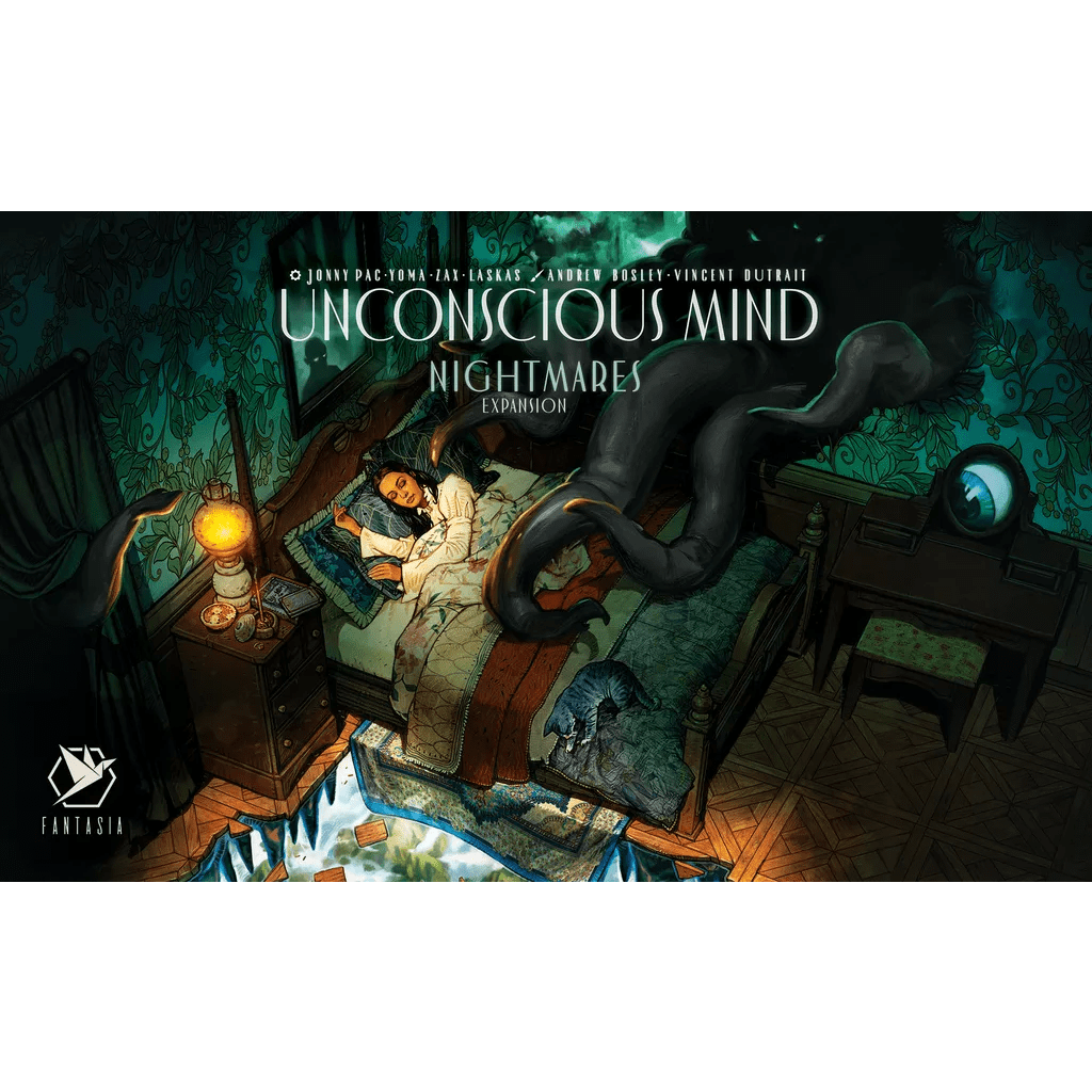 A woman lies in bed in a dark, vintage room as eerie shadowy hands emerge from beneath her blanket, evoking surreal nightmare dreams. Text reads "Unconscious Mind: Nightmares Expansion" by Fantasia Games.