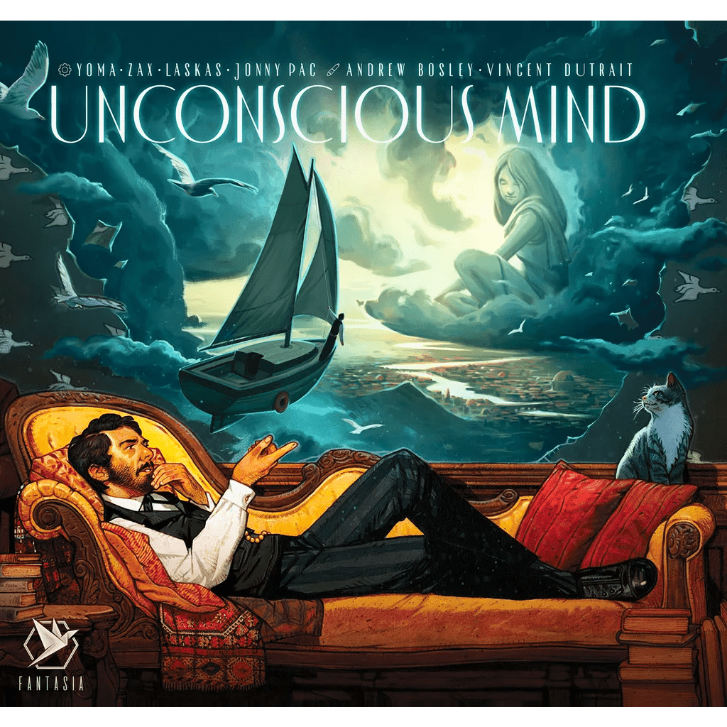 A man lounges on a vintage couch by Fantasia Games’ Unconscious Mind, smoking a pipe and dreaming of a surreal scene—woman, sailboat, birds, clouds—as his cat watches. The game title appears atop this psychoanalysis-inspired artwork.