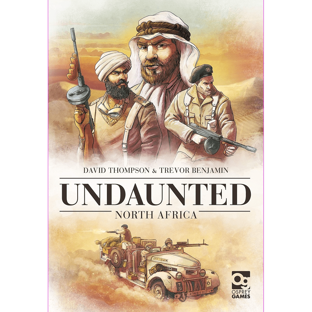The illustrated cover of Osprey Games' Undaunted: North Africa, a WWII board game, features three armed soldiers in desert uniforms, a military vehicle on sandy dunes, and swirling dust adding intensity to the scene.