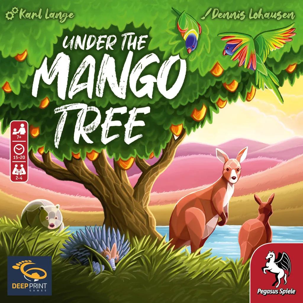 Cover illustration for Under the Mango Tree by Pegasus Spiele, a card drafting game set in the Australian wilderness, featuring kangaroos by a river under mango trees with parrots above and a sunset over colorful hills.
