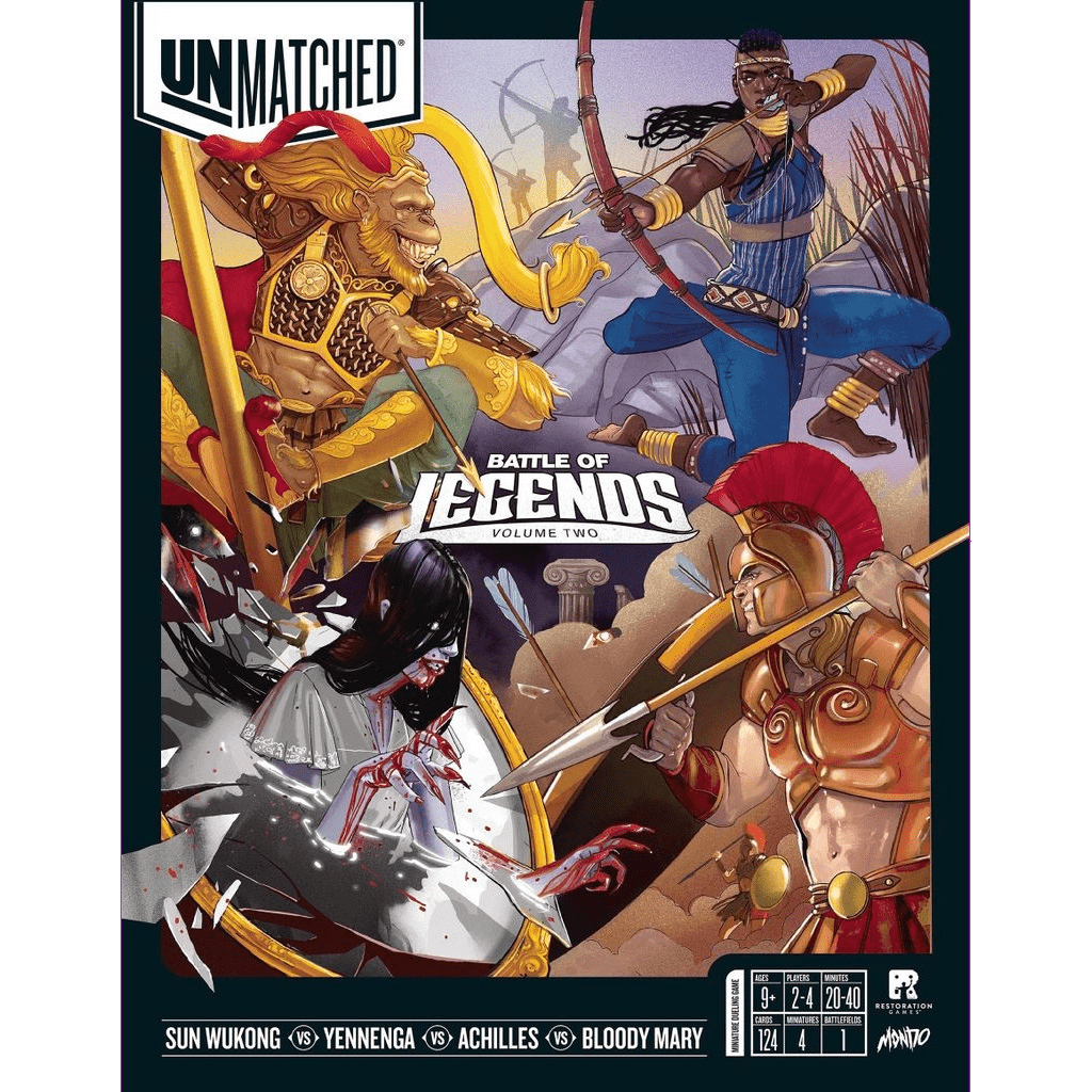 Four legendary warriors—Sun Wukong, Yennenga, Achilles, and Bloody Mary—clash in Restoration Games’ Unmatched: Battle of Legends, Volume Two, an asymmetrical miniatures game full of tactical combat.