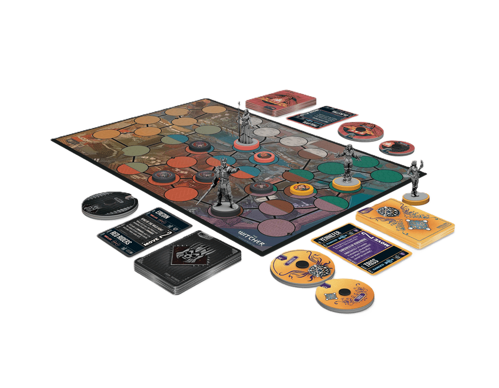 Unmatched: The Witcher – Realms Fall by Iello features a vibrant game board, various cards, round tokens, yellow and black decks, and six detailed character miniatures—ideal for fans of asymmetrical miniature fighting games.