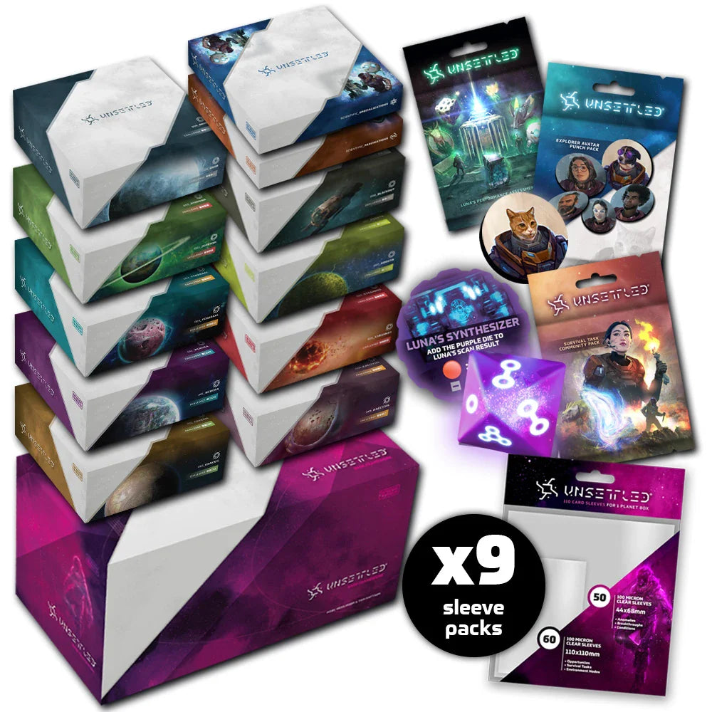 The Unsettled: Supernova Bundle with Sleeves by Orange Nebula includes board game boxes, expansions, cards, a custom purple die, badges, and nine sleeve packs—perfect for any cooperative survival adventure fan.
