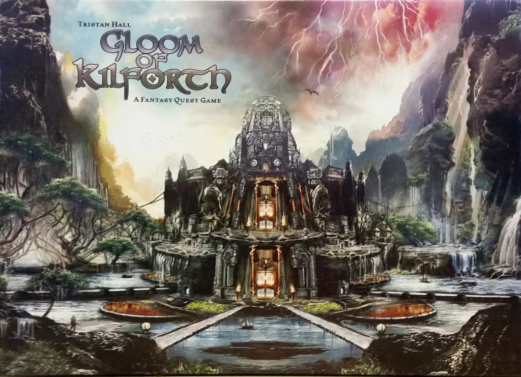 The box cover for Gloom of Kilforth: A Fantasy Quest Game by Hall or Nothing Productions features a dark, ornate temple amid water and ancient ruins, with dramatic clouds, lightning, and distant mountains setting an epic scene.
