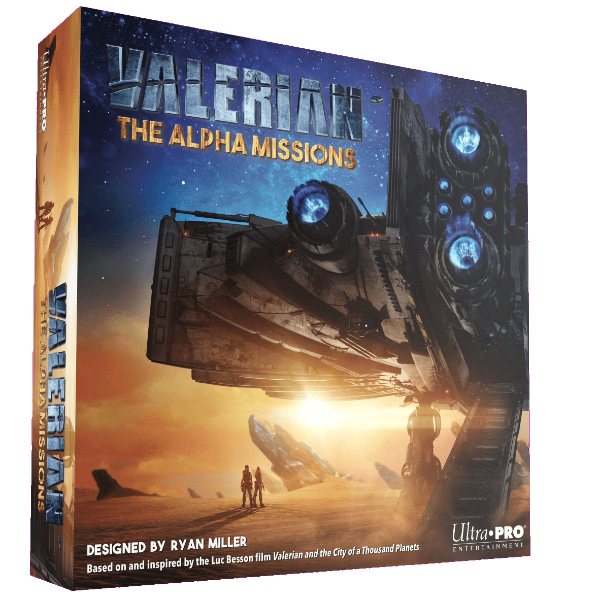 A game box for Valerian The Alpha Missions by Ultra Pro, featuring a futuristic spaceship flying over a sci-fi landscape, with bold metallic title and designer credit to Ryan Miller.