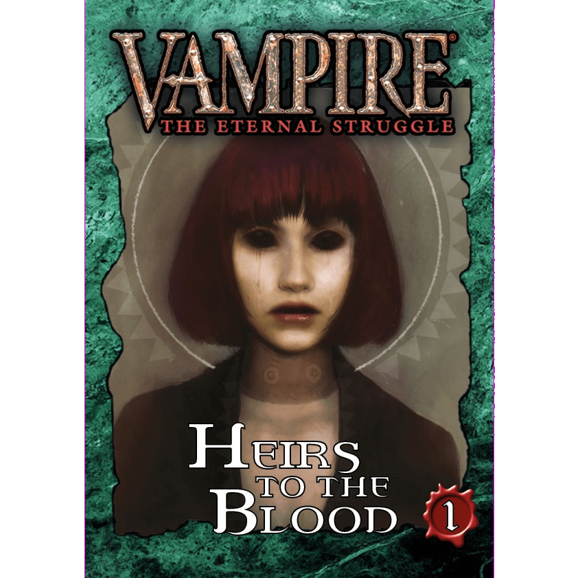 A card from the Black Chantry Productions’ Vampire The Eternal Struggle Heirs to the Blood Bundle 1 features a pale, dark-haired figure with black eyes and a haunting look set against a green textured border.