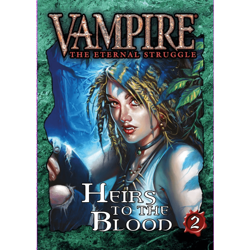 The Vampire The Eternal Struggle Heirs to the Blood Bundle 2 by Black Chantry Productions features a fantasy cover with a woman adorned with decorated hair, leaves, and jewelry on a blue-green textured background—ideal for vampire card game fans.