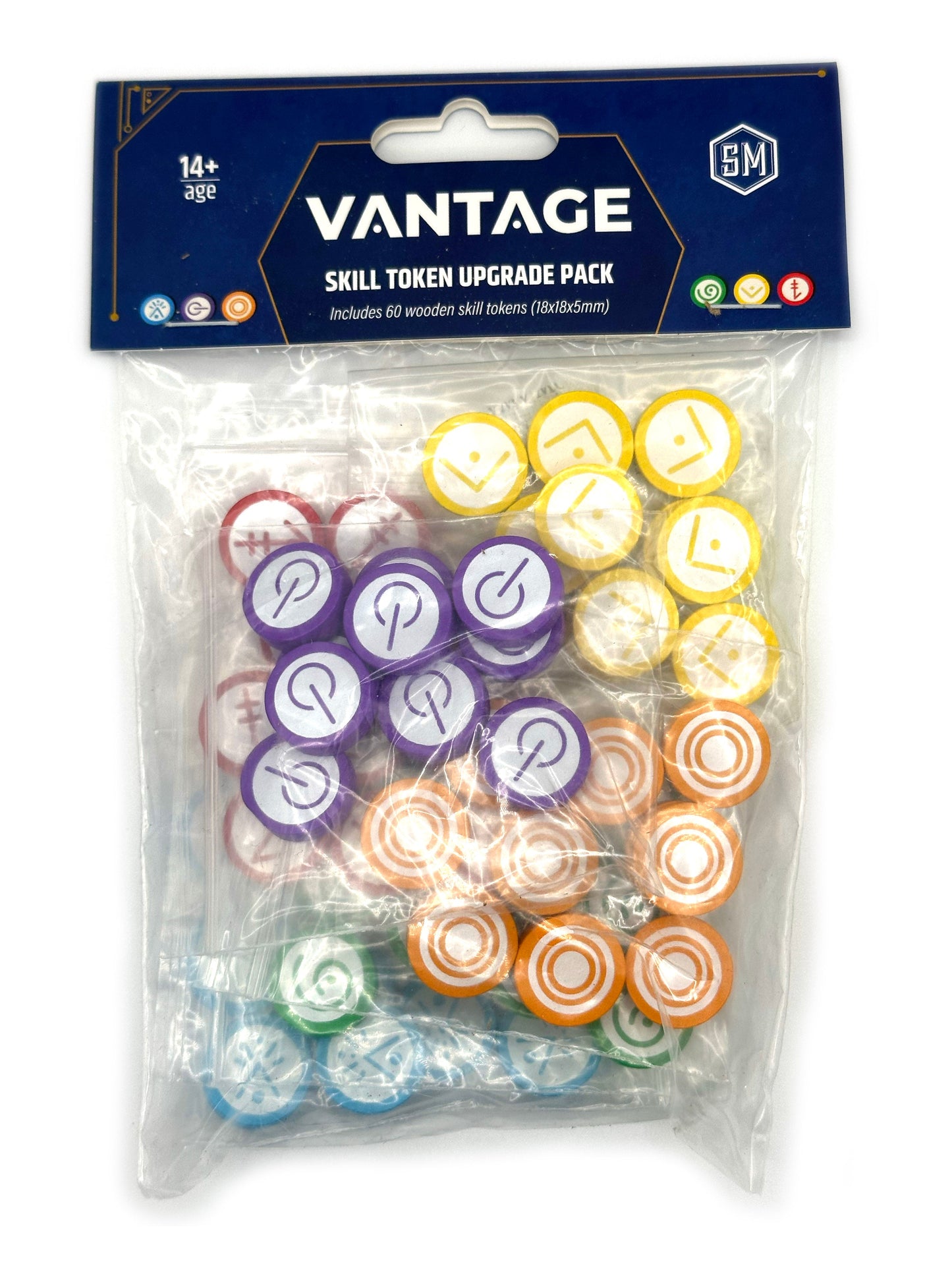 The Vantage Wooden Skill Tokens by Stonemaier Games include 60 colorful wooden tokens with unique symbols, ideal for the Vantage game. Suitable for up to 6 players and ages 14+, all in a sealed plastic pack.