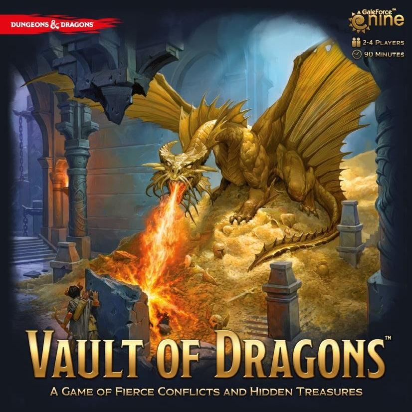 A golden dragon atop a treasure hoard greets two wary adventurers in the cover art for Vault of Dragons, a Waterdeep board game set in Undermountain dungeons by Gale Force Nine.