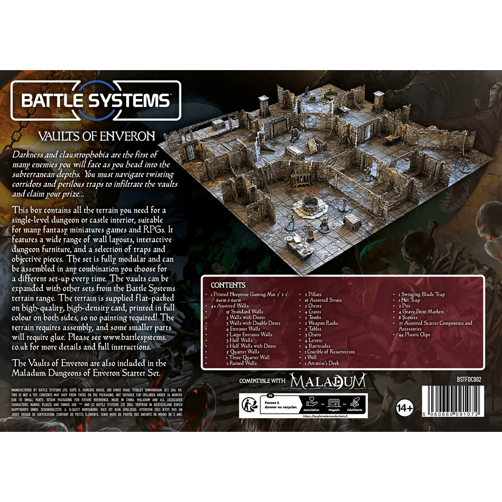 The back of Vaults of Enveron by Battle Systems Ltd displays its modular dungeon set, contents list, and game details on a rich fantasy-themed backdrop—ideal for enthusiasts of fantasy miniatures games.