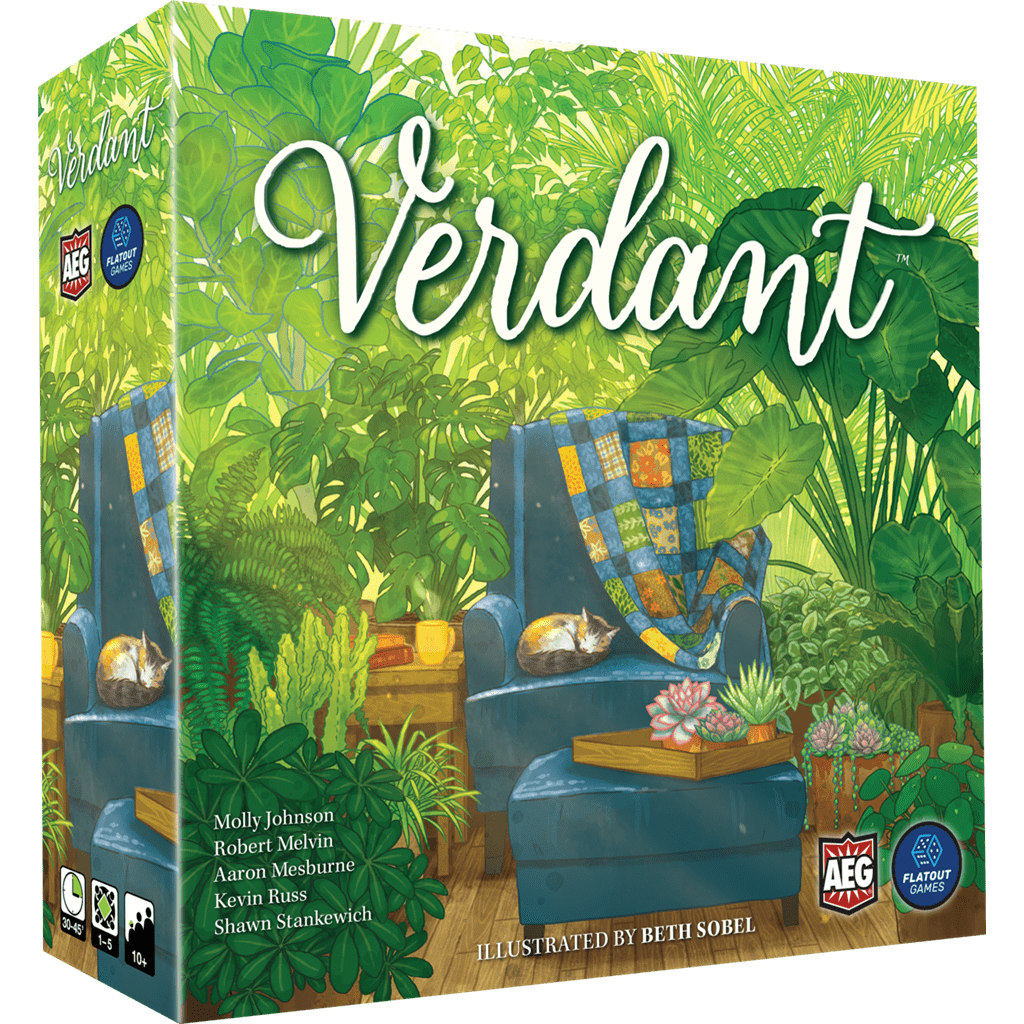 Verdant by Alderac Entertainment Group delights houseplant fans with lush plants, a blue chair and quilt, a napping cat, and succulents. The title Verdant stands out in elegant white script on the spatial card game’s box.