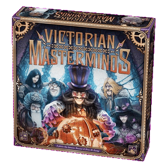 Box cover of Victorian Masterminds by Cool Mini Or Not, a Mensa Select Winner. Features eccentric Victorian characters and a villain in a top hat with a glowing mechanical globe amid dark, steampunk art.