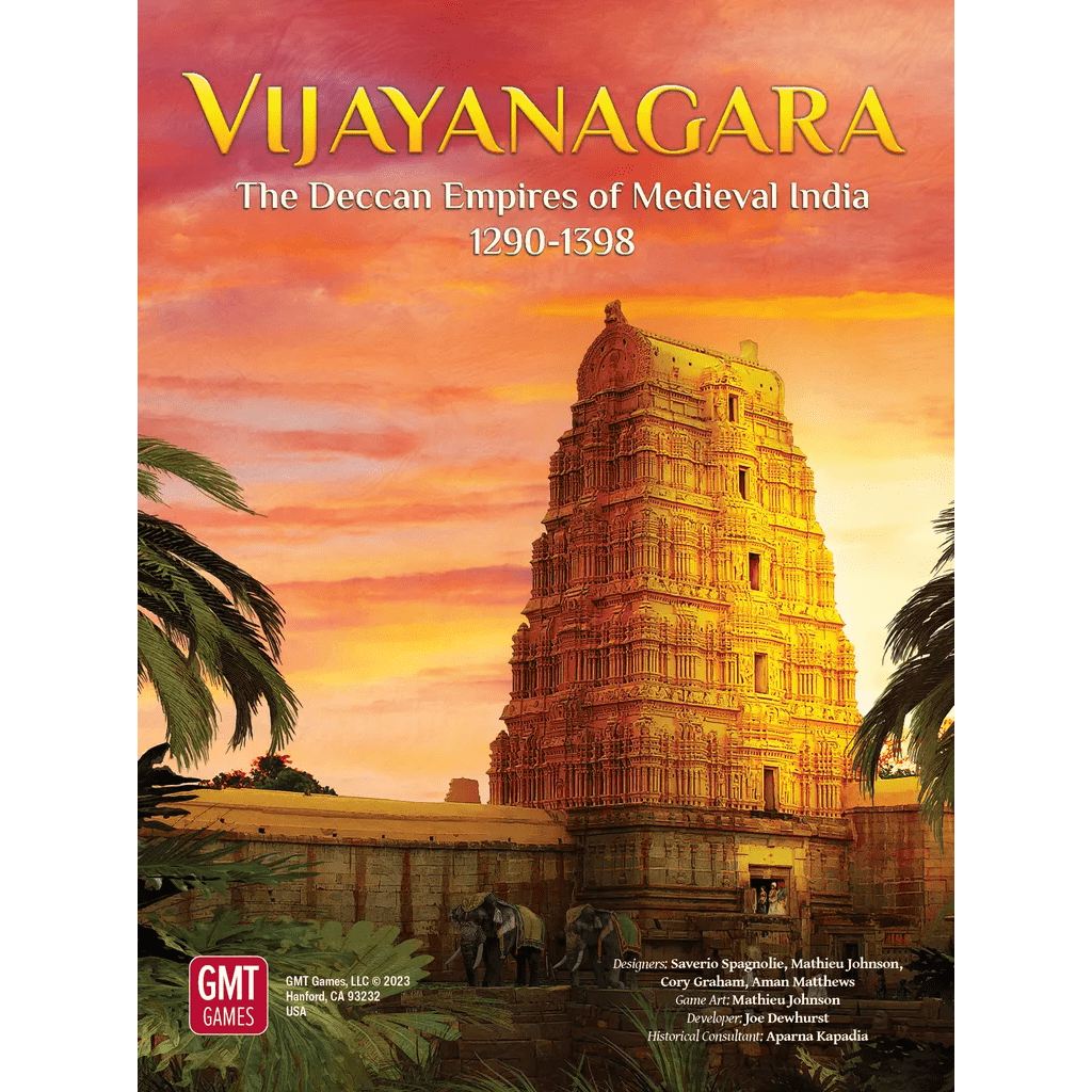 Vijayanagara: The Deccan Empires of Medieval India, 1290-1398 by GMT Games features vibrant cover art with a golden temple tower at sunset, palm trees, and the GMT Games logo, as part of the Irregular Conflicts Series.