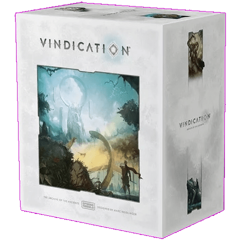 The image shows the box for Orange Nebula’s Vindication Archive of the Ancients (Fully Loaded), featuring cover art with a glowing moon, ancient ruins, and two figures, evoking adventure. The game's title appears prominently at the top.