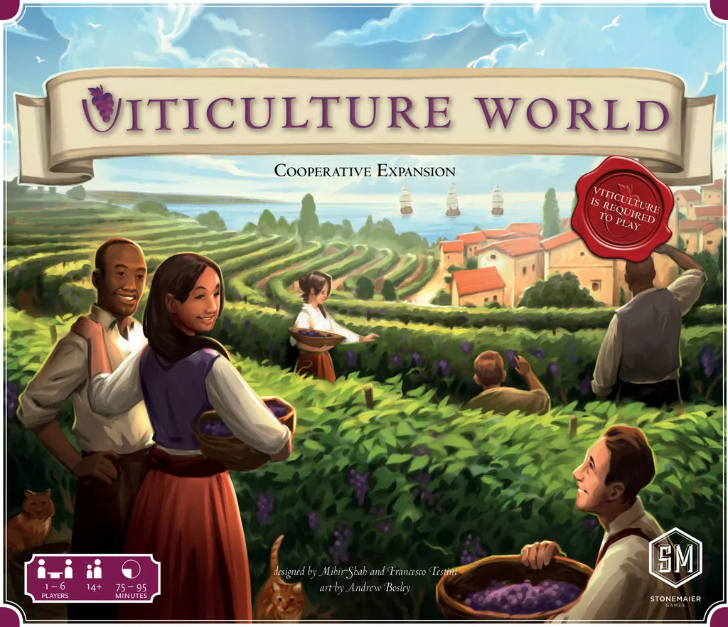 Four people pick grapes in a lush vineyard under a clear sky, with vines and a village behind. “Viticulture World: Cooperative Expansion” by Stonemaier Games is shown as the cooperative board game cover.