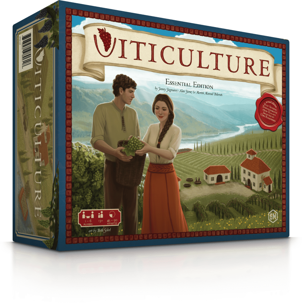 Box cover of Viticulture Essential Edition, a vineyard board game, depicting a man and woman harvesting grapes amid rolling hills, lush vineyards, and farmhouses in a picturesque landscape.