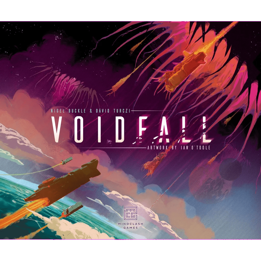 The Voidfall game cover by Mindclash Games showcases Novarchs' spaceships and Voidborn asteroids racing through a vivid cosmic scene, featuring bold white text and dynamic multicolored swirls.