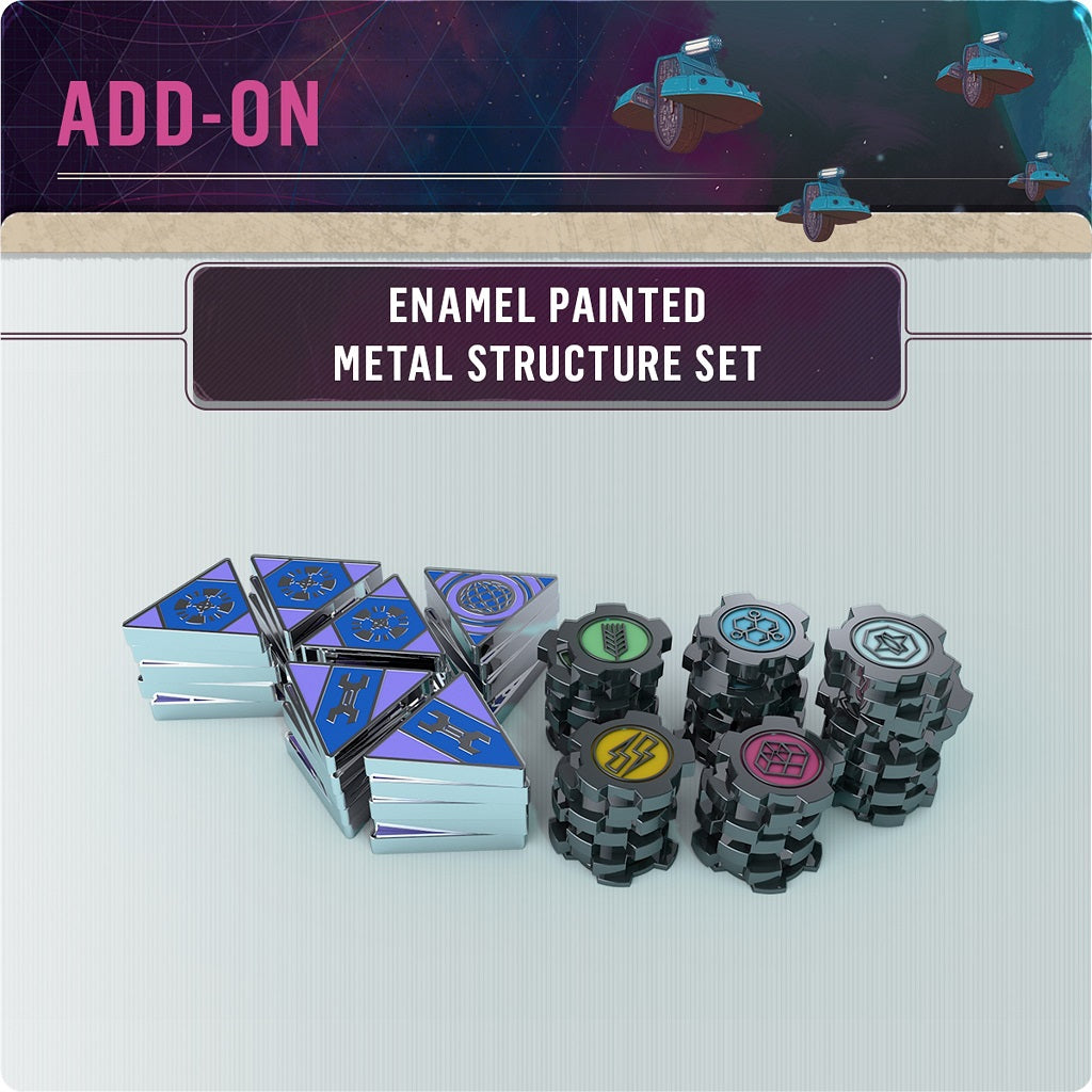The Voidfall Enamel Painted Metal Structure Set by Mindclash Games features triangular and circular enamel-painted metal tokens with colored symbols for your Space 4X game. Shown on a light surface. The text reads: ADD-ON: Enamel Painted Metal Structure S