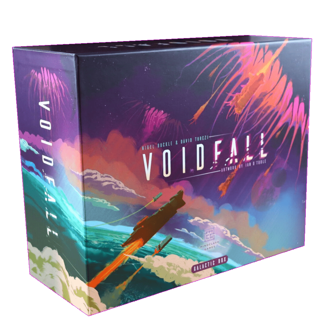 Voidfall (Galactic Box Edition - English) by Mindclash Games features a space-themed box with a spaceship, colorful nebulae, and epic artwork, hinting at the conflict between Novarchs and Voidborn.