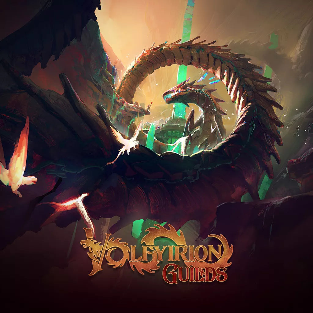 A large, dark dragon with glowing blue scales curls around green crystals in a cave, as two white birds fly nearby. The golden text "Volfyrion Guilds" and a dragon silhouette highlight this deck-building card game by Tabula Games.