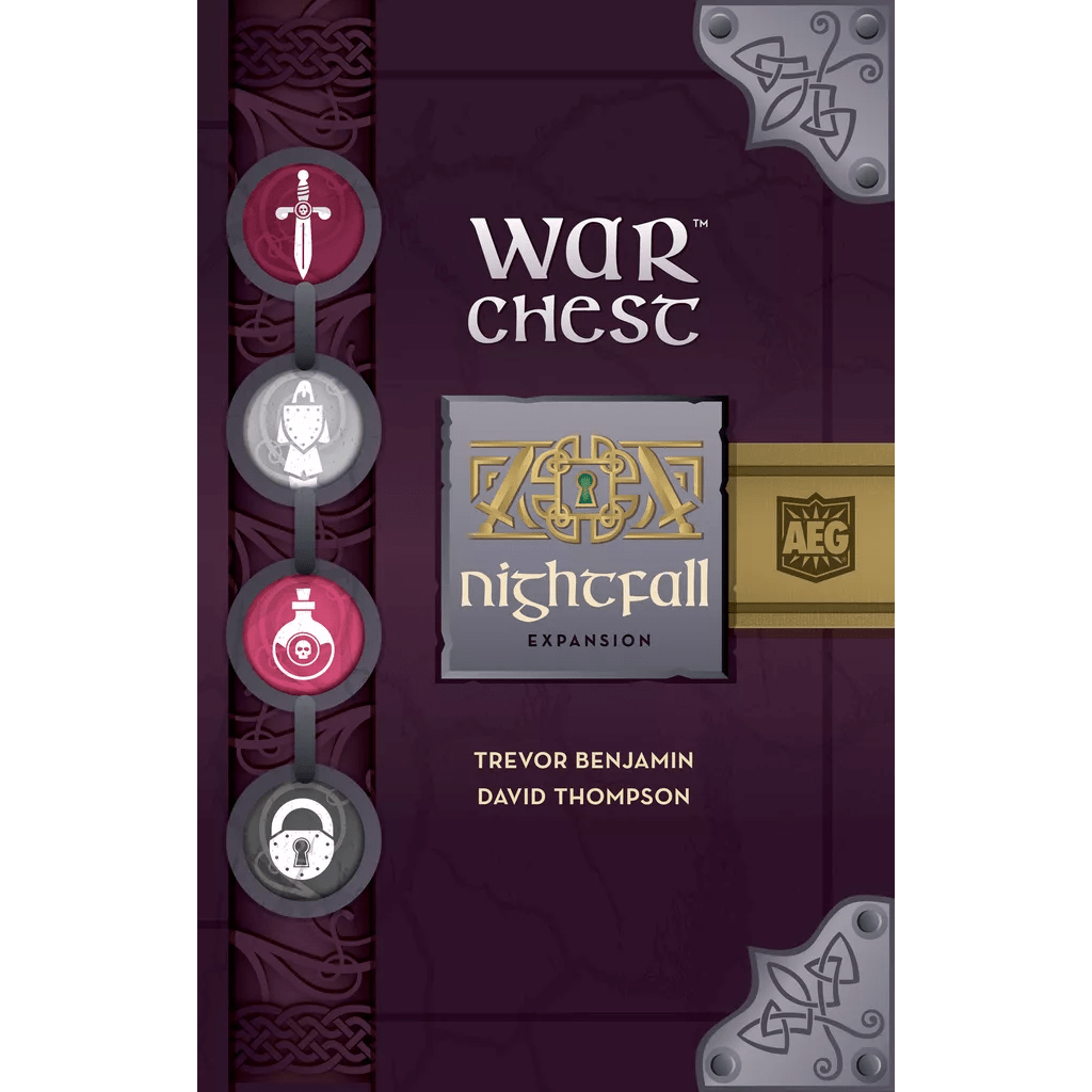 The War Chest: Nightfall Expansion by Alderac Entertainment Group features a purple cover with Celtic knot designs and game piece icons on the left, inviting players to explore new subterfuge tactics in this strategy game expansion.