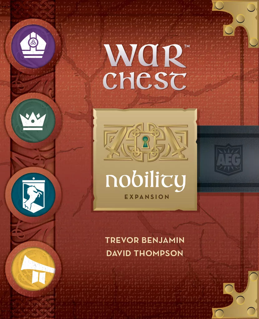 Cover of War Chest: Nobility Expansion by Alderac Entertainment Group, with a red and gold design, four colored icons on the left, and authors Trevor Benjamin & David Thompson at the bottom, evoking classic chivalry.