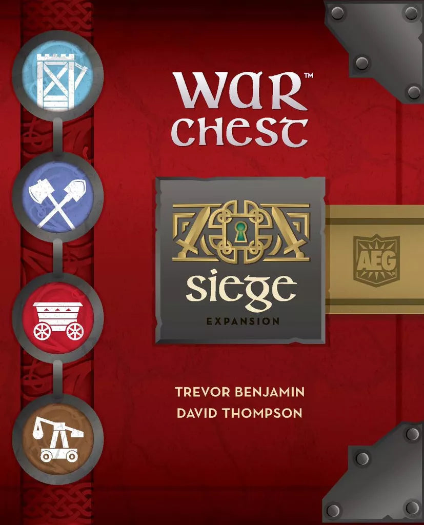 The War Chest: Siege Expansion by Alderac Entertainment Group displays medieval icons and siege engines on a red cover with metallic accents and gold trim.