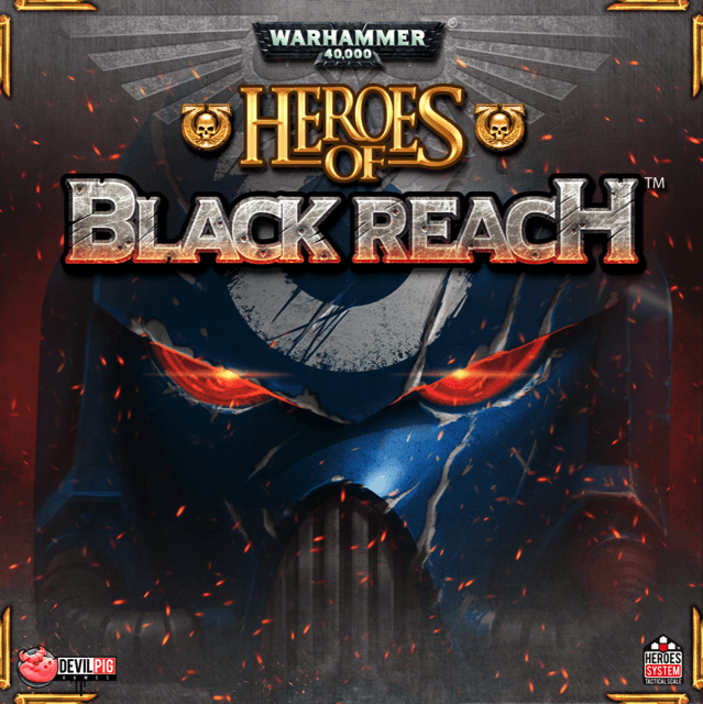The Warhammer 40,000: Heroes of Black Reach by Devil Pig Games features a close-up of an Ultramarines helmet with glowing red eyes and scars, set beneath bold metallic title and brand logos.