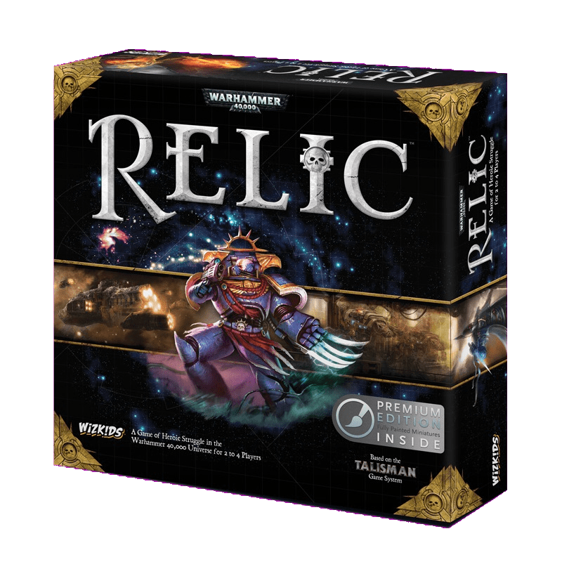The Warhammer 40,000: Relic Premium Edition box by Wizkids features a space marine in ornate armor, spaceships, and sci-fi art. It uses the Talisman system and is based on Warhammer 40,000 for 2-4 players.