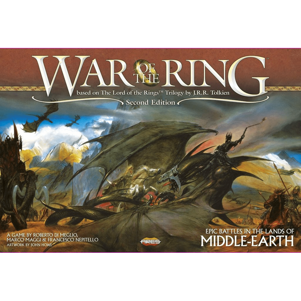 The box cover for War of the Ring: Second Edition by Ares Games features an epic fantasy battle in Middle-earth, with dragons, warriors, dark figures in mountains, and bold gold title text plus striking "Middle-Earth" lettering at the bottom.