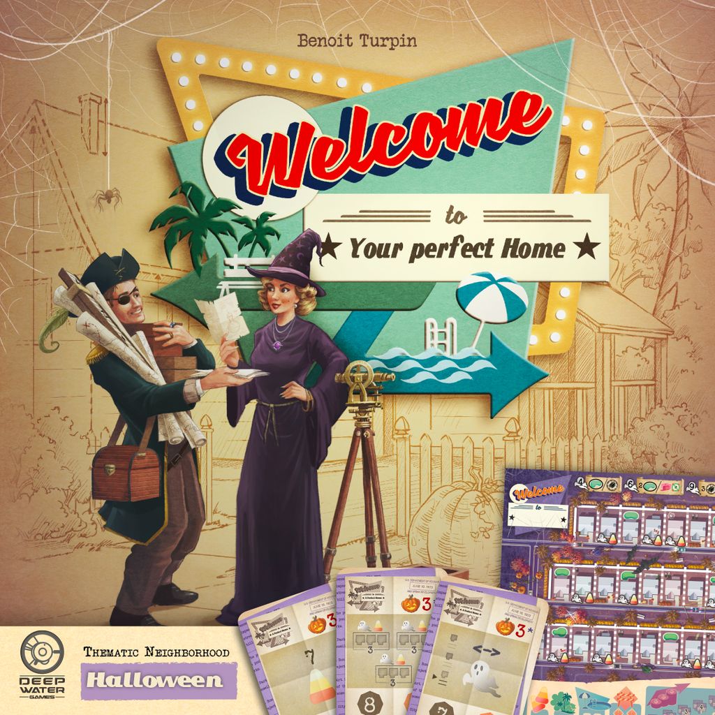 A vintage-style "Welcome to Your Perfect Home" sign appears above a smiling couple in Halloween costumes with palm trees and a Ferris wheel, featuring the Welcome To: Halloween Expansion by Deep Water Games. Game components and score sheets are displayed