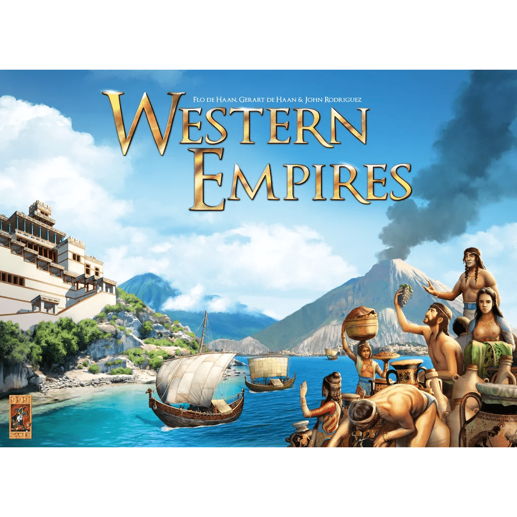 The illustrated cover of Western Empires by 999 Games shows ancient people sailing wooden boats past a coastal city, mountains, and a volcano—ideal for fans of ancient civilization board games.