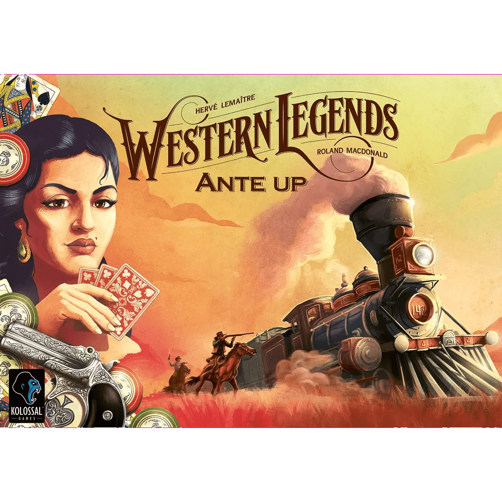 A stylized illustration for Kolossal Games' Western Legends: Ante Up Expansion shows a woman with playing cards, poker chips, and a revolver, set against a backdrop featuring a steam train and a cowboy on horseback.