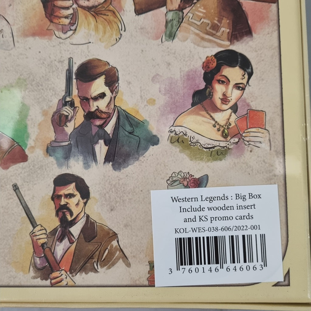 Illustration of three people in Western attire—two mustachioed men (one with a revolver) and a woman with flowers in her hair. Bottom right shows product info for Kolossal Games' Western Legends: Big Box.