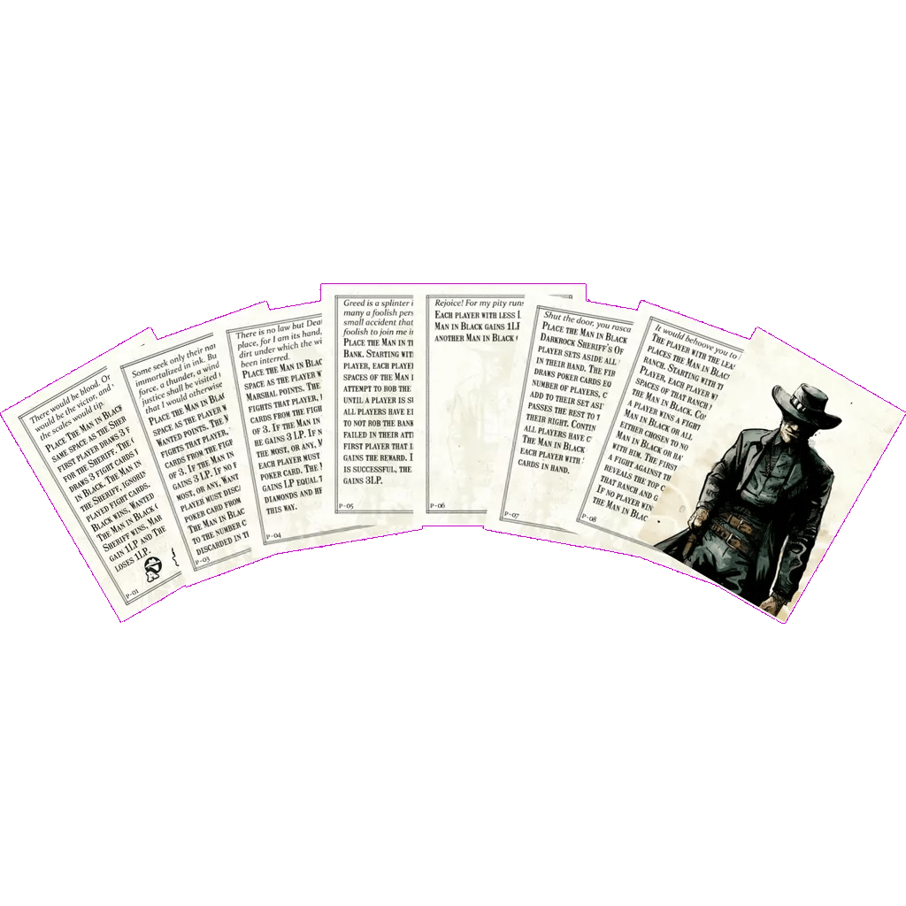 Seven cards from Kolossal Games' Western Legends: The Man In Black – Multiplayer Variant Promo Cards are fanned out. The rightmost card shows the Man In Black in western attire; the others are rules reference cards.