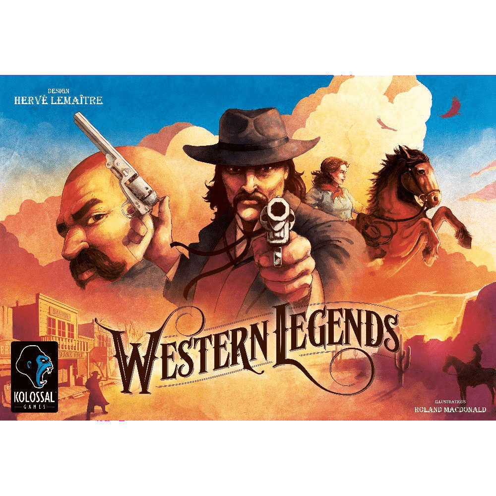 The illustrated cover of Western Legends by Kolossal Games features two gunmen—one aiming at the viewer, one pointing sideways—set against a sunlit frontier with a rider on horseback and classic Wild West buildings.
